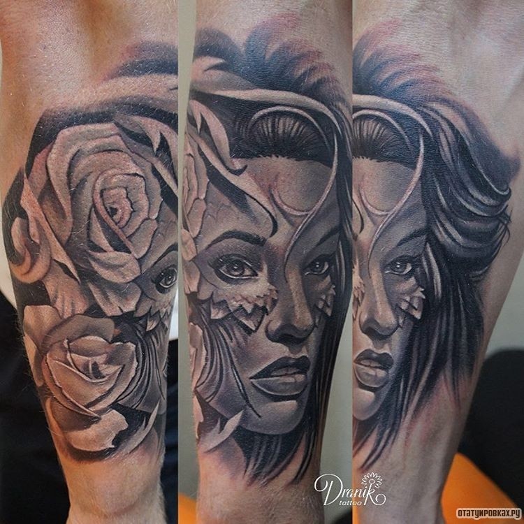 Фотография татуировки под названием «Девушка с розами чб»