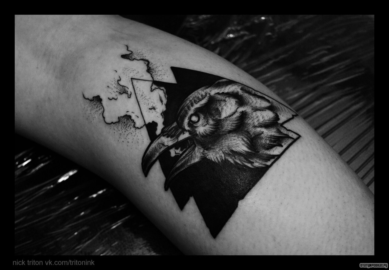 Фотография татуировки под названием «Ворон на фоне треугольников»