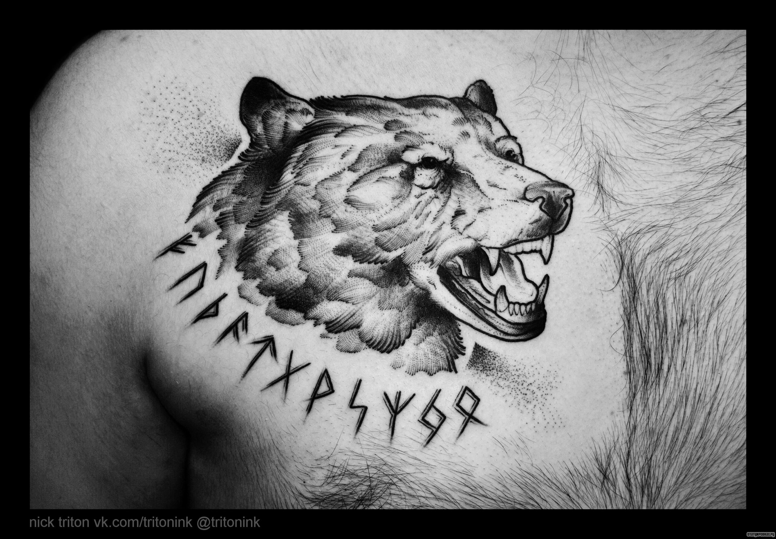 Фотография татуировки под названием «Оскал медведя и руны»
