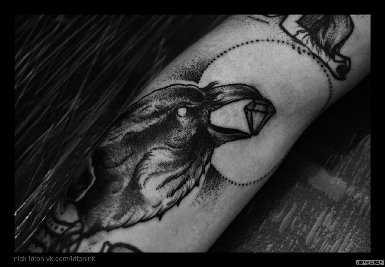 Фотография татуировки под названием «Ворон с алмазом в клюве»