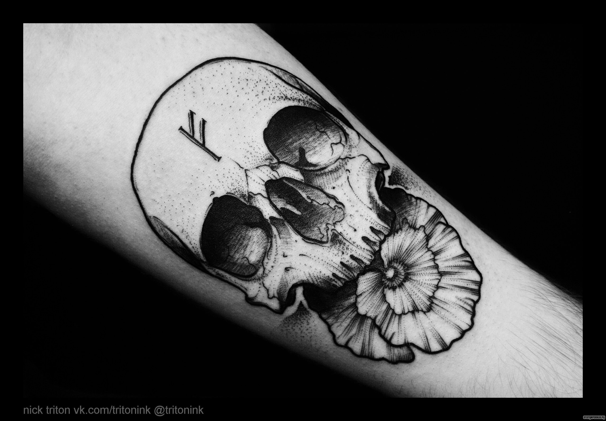 Фотография татуировки под названием «Череп и цветок»
