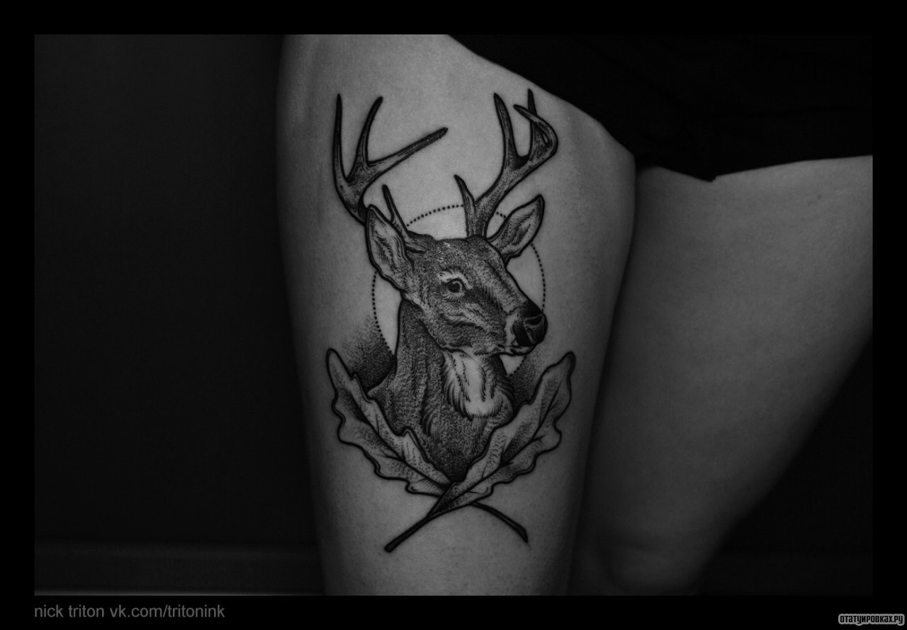 Фотография татуировки под названием «Олень с листьями»