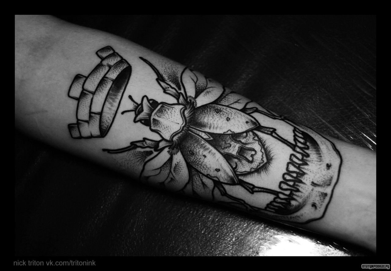 Фотография татуировки под названием «Жук и корона»