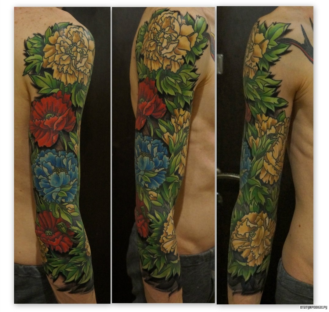 Фотография татуировки под названием «Цветы в японском стиле, пионы, хризантемы»