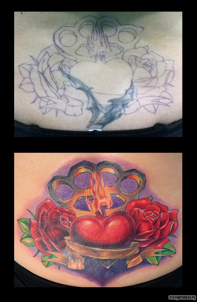 Фотография татуировки под названием «Розы, сердце, кастеты»