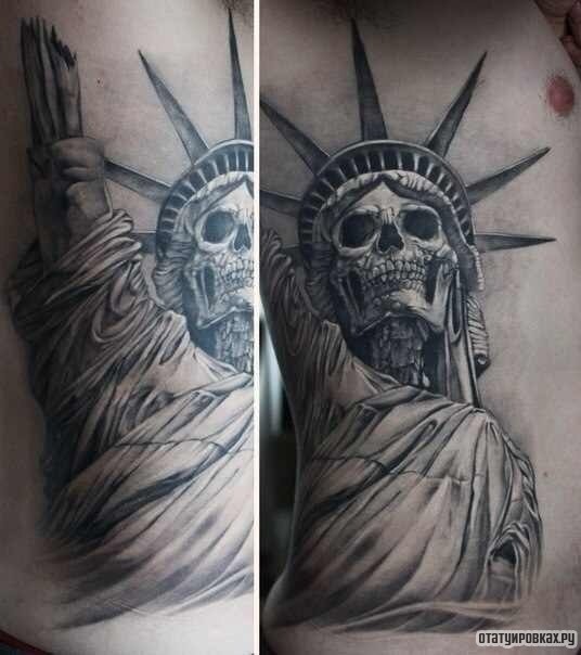 Фотография татуировки под названием «Статуя свободы в виде черепа»