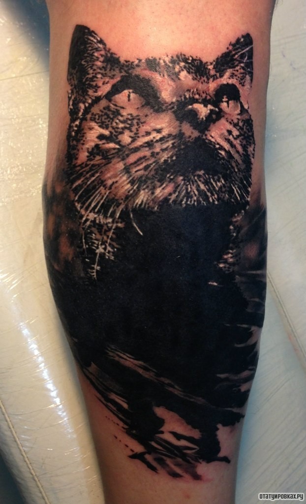 Фотография татуировки под названием «Чб кот в стиле треш полька»