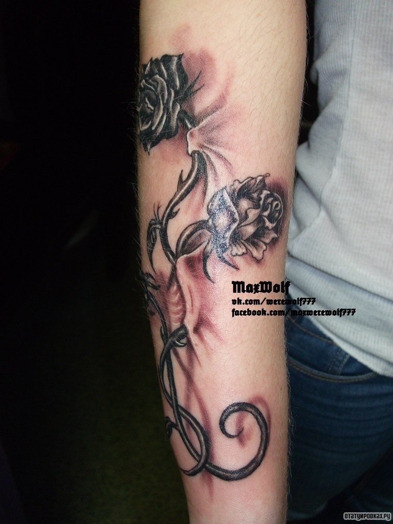 Фотография татуировки под названием «Черные колючие розы»