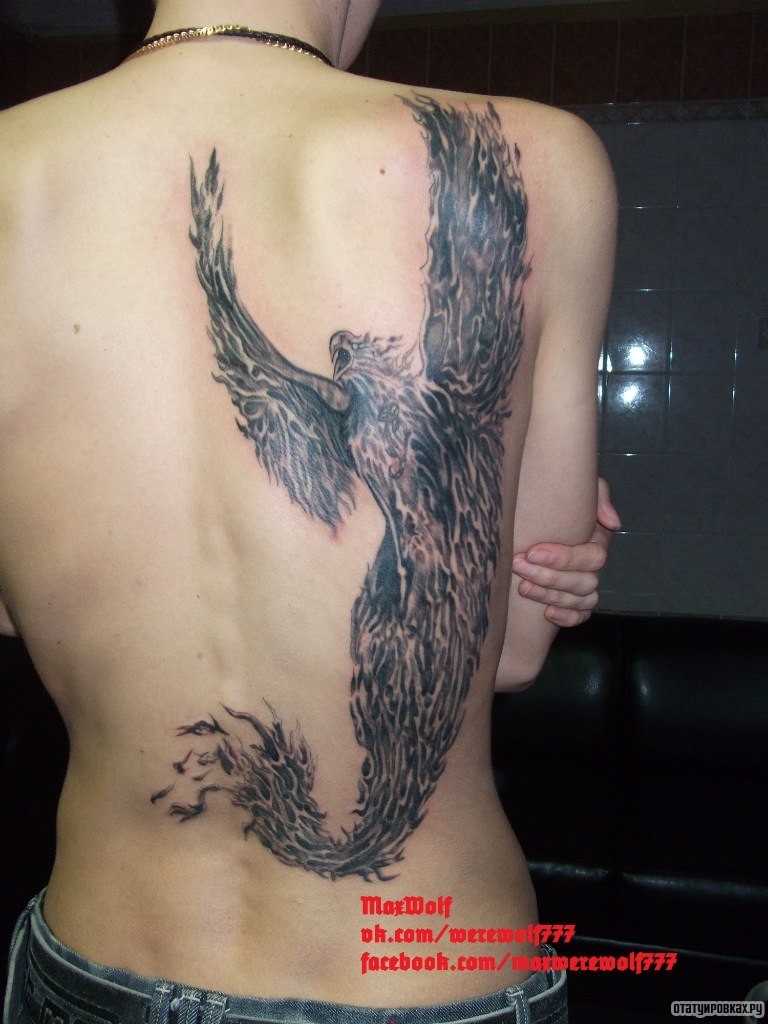 Фотография татуировки под названием «Жар птица в черно-белом исполнении»