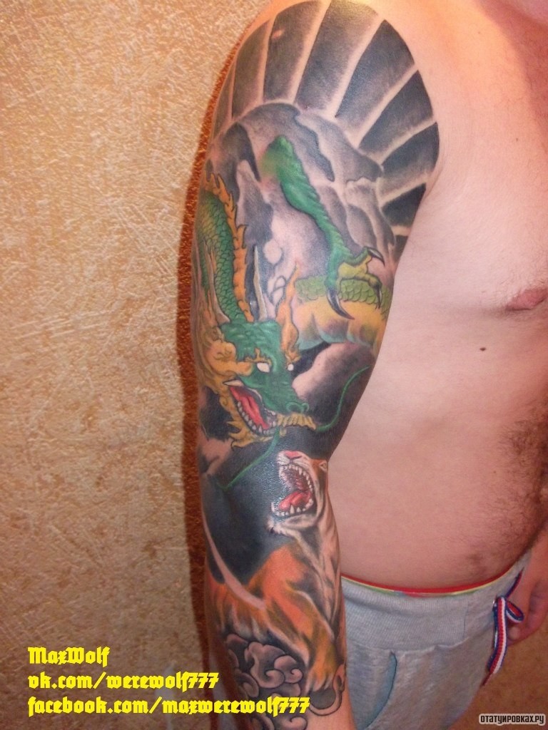 Фотография татуировки под названием «Дракон и тигр японская тату»