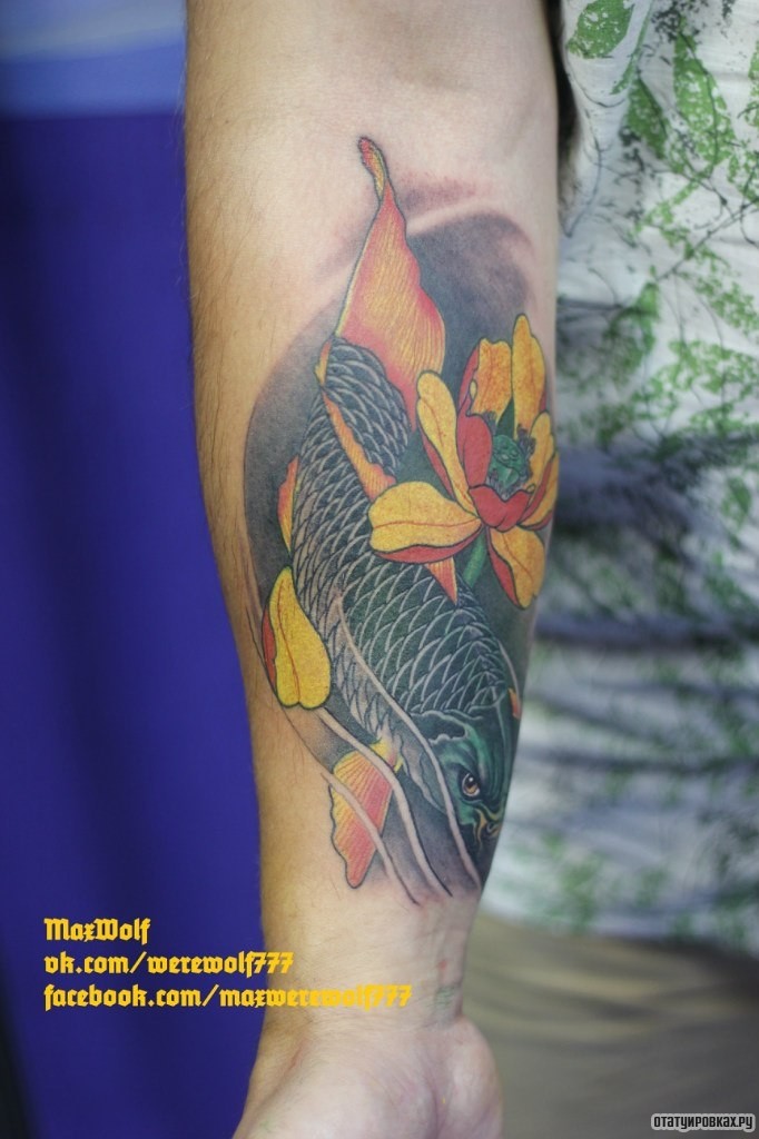 Фотография татуировки под названием «Карп и цветы»