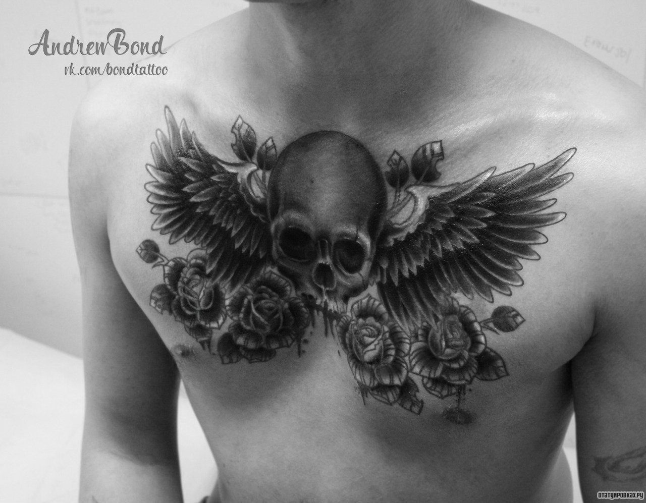 Фотография татуировки под названием «Череп с крыльями и розами»