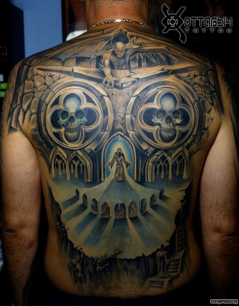 Фотография татуировки под названием «Тату дьявола, смерти и черепов»