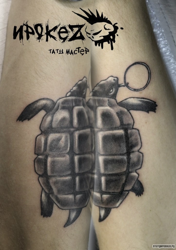 Фотография татуировки под названием «Черепаха в виде гранаты»