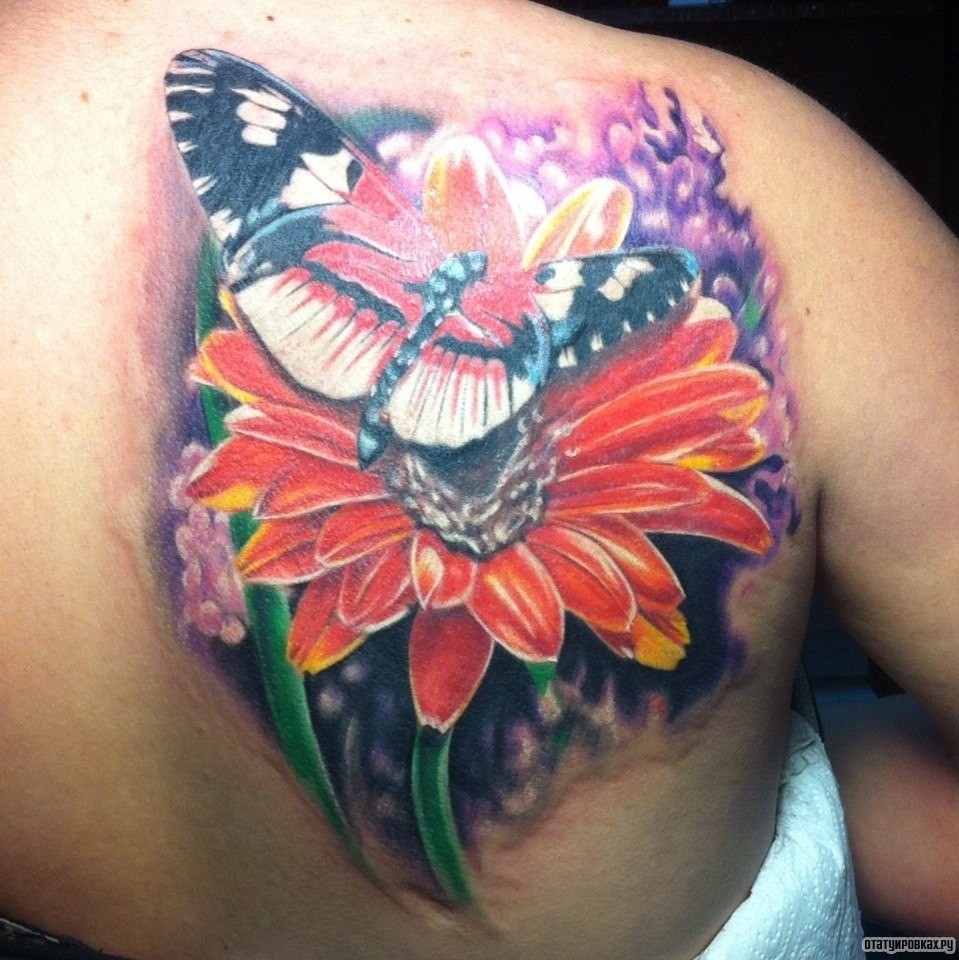 Фотография татуировки под названием «Бабочка сидит на цветочке»