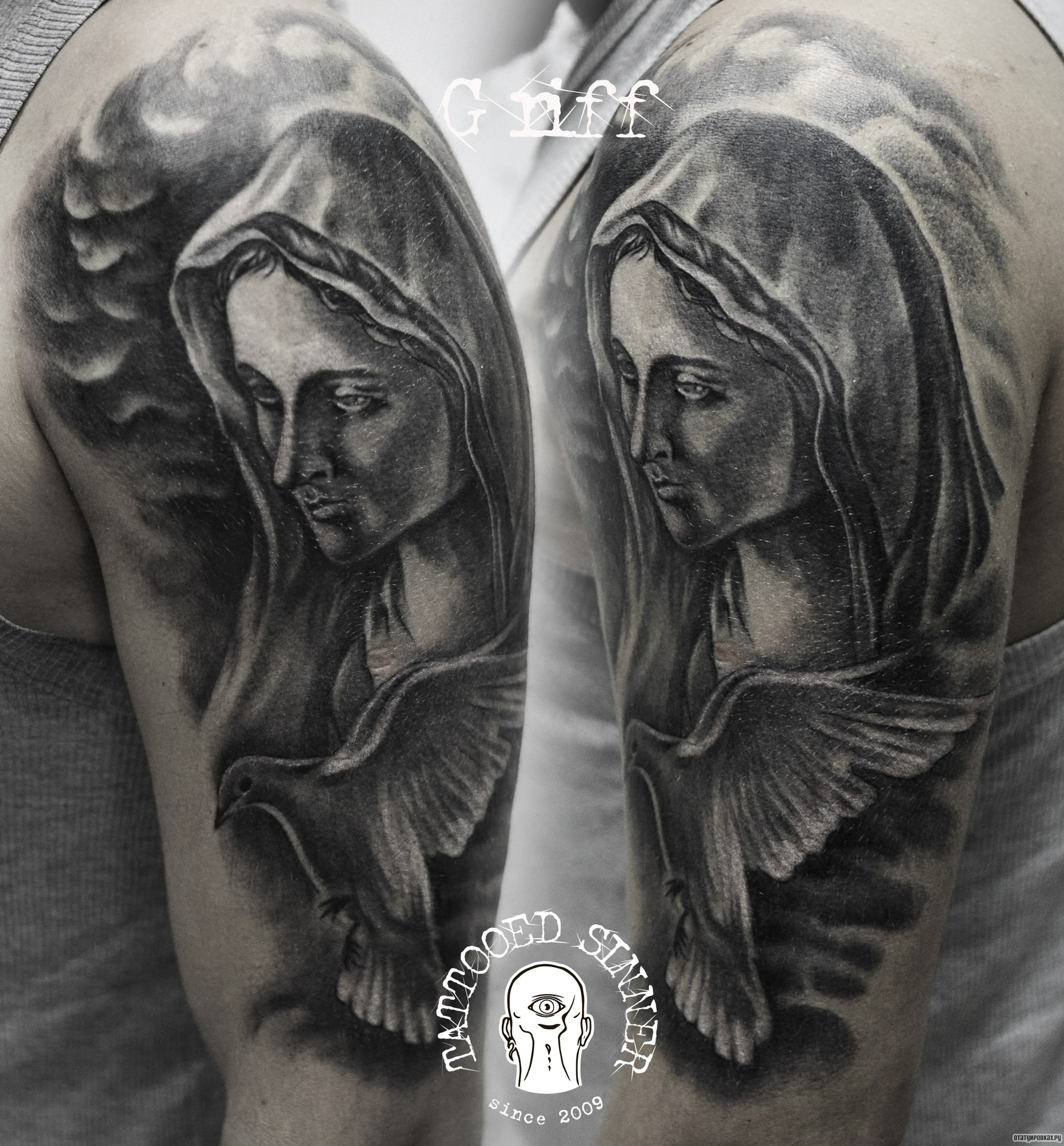 Фотография татуировки под названием «Монашка и голубь»