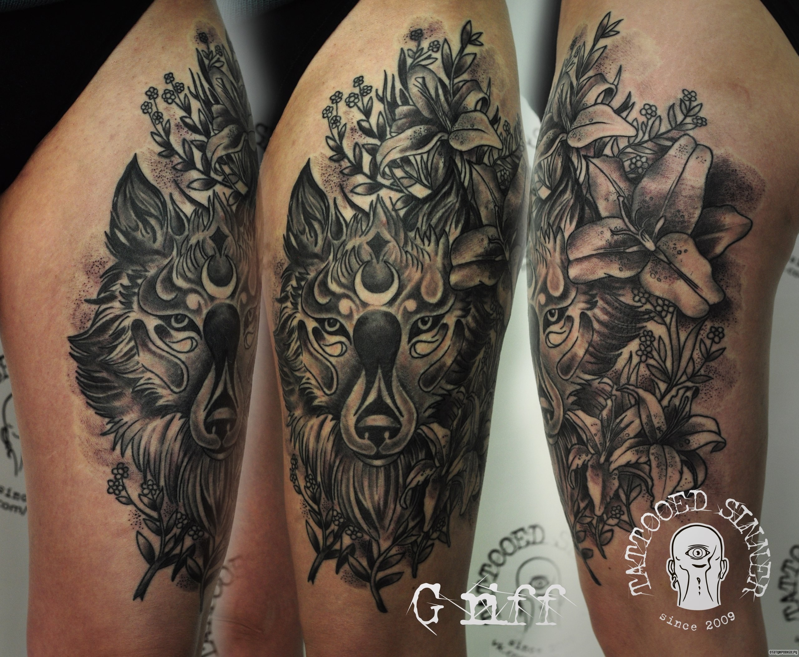Фотография татуировки под названием «Лилия и волк»