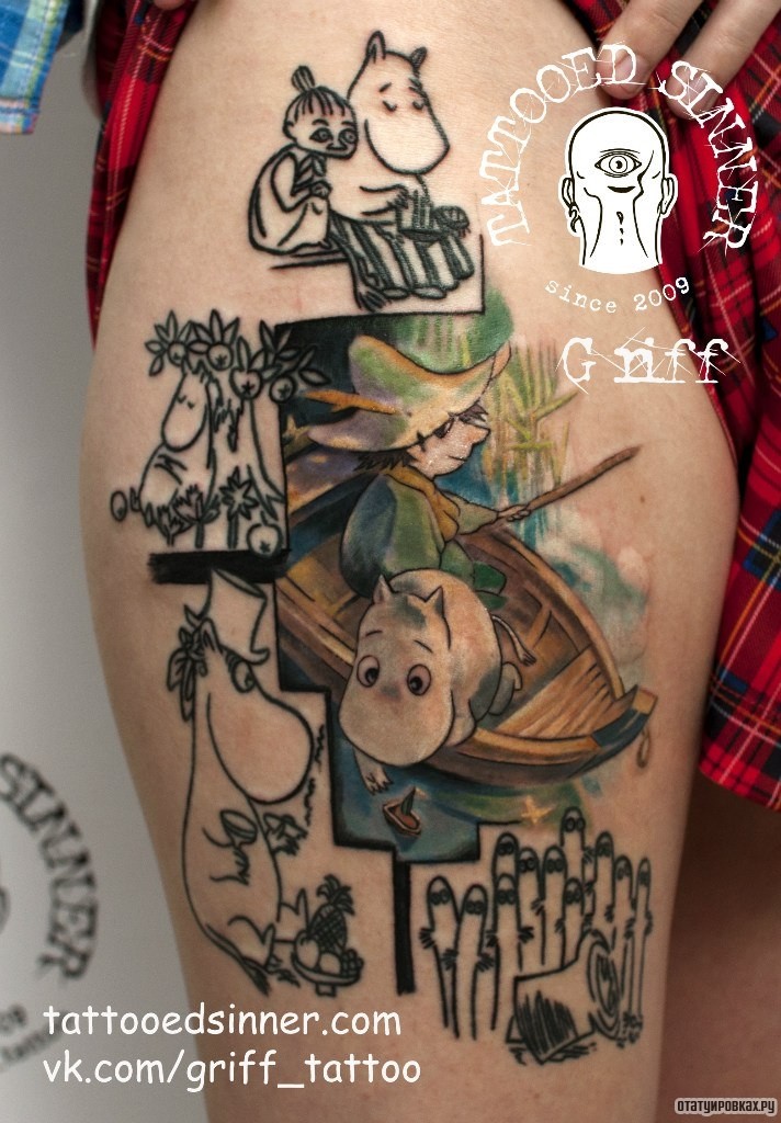 Фотография татуировки под названием «Мальчик на лодке с животным»