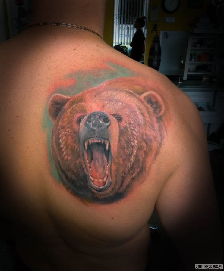 Фотография татуировки под названием «Оскал нападающего медведя»