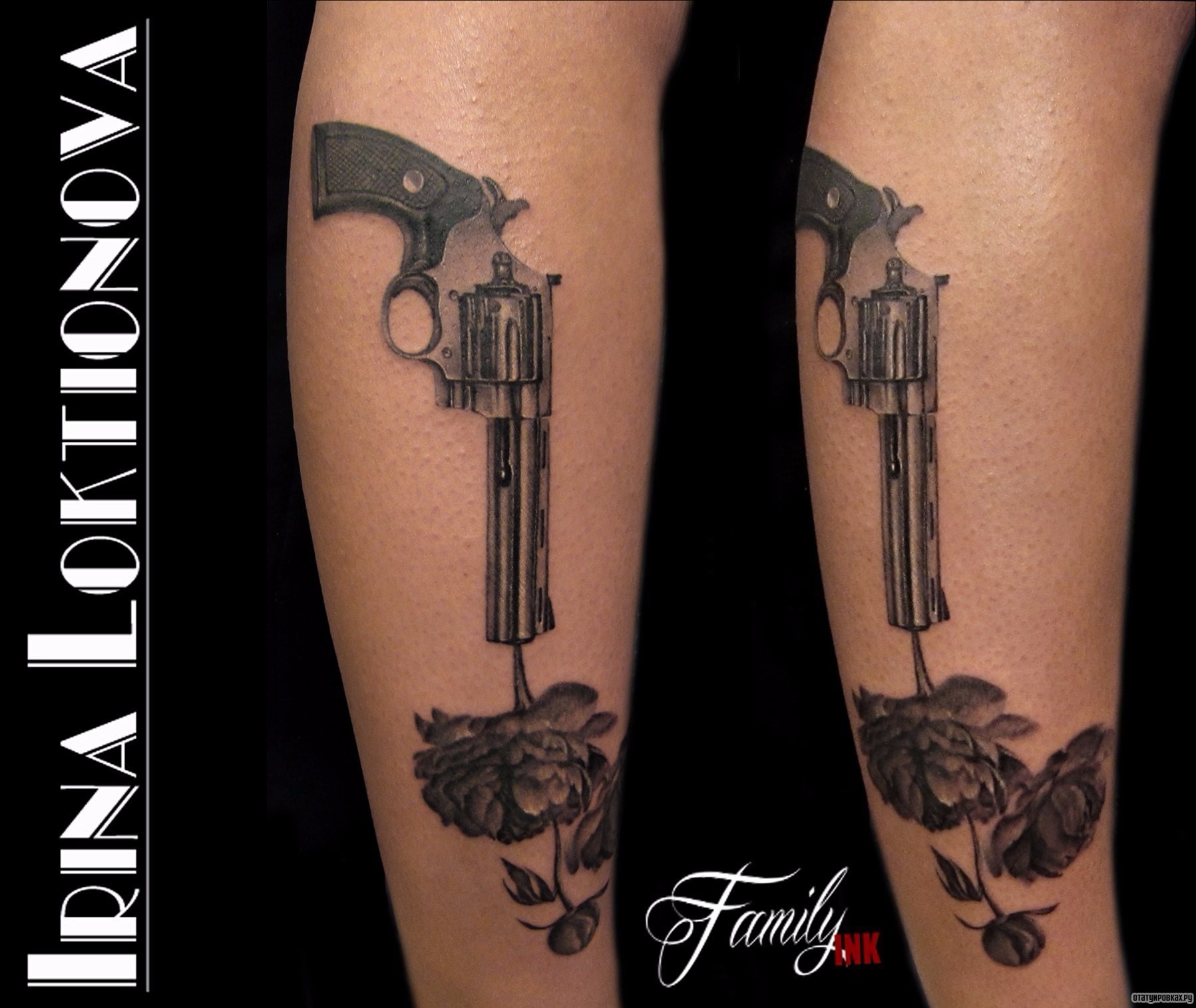 Фотография татуировки под названием «Пистолет с цветком»