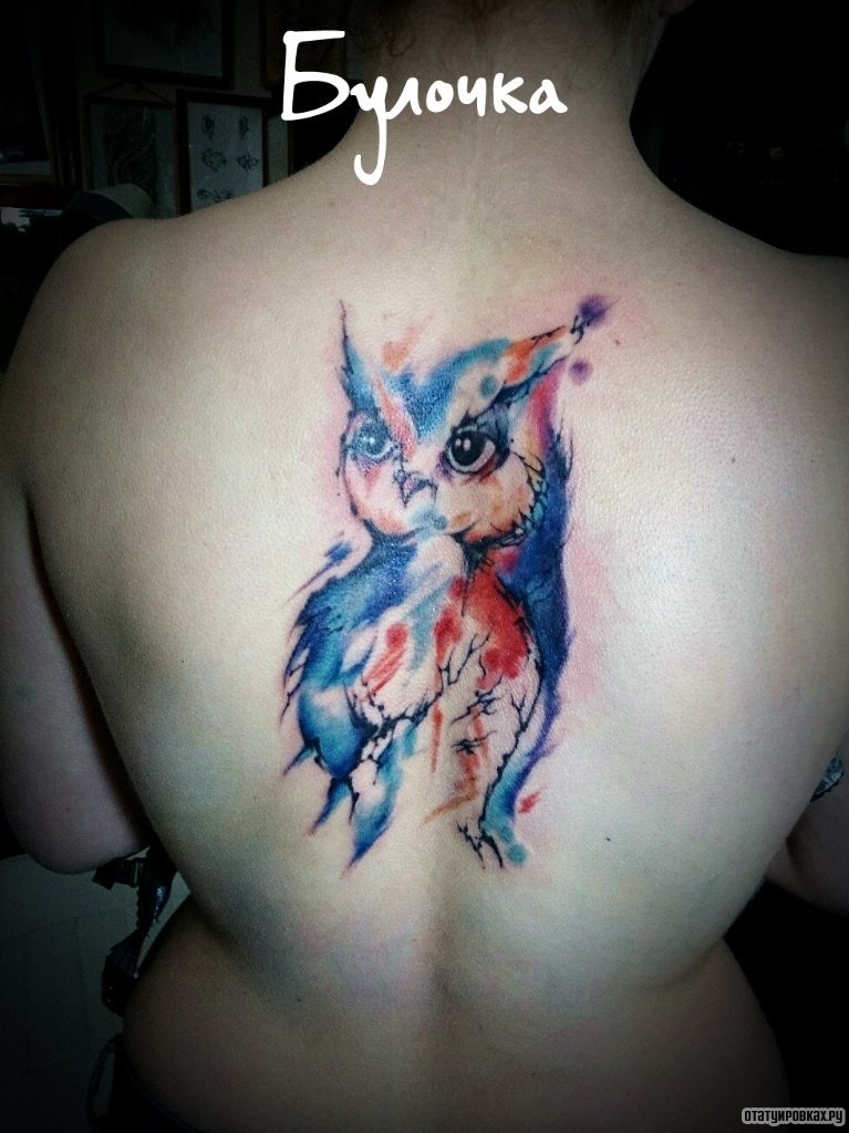 Фотография татуировки под названием «Разноцветная сова»