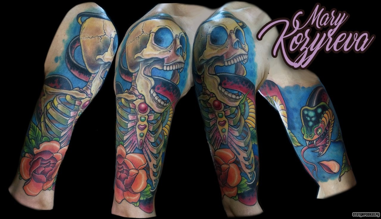Фотография татуировки под названием «Череп с розой нью скул»