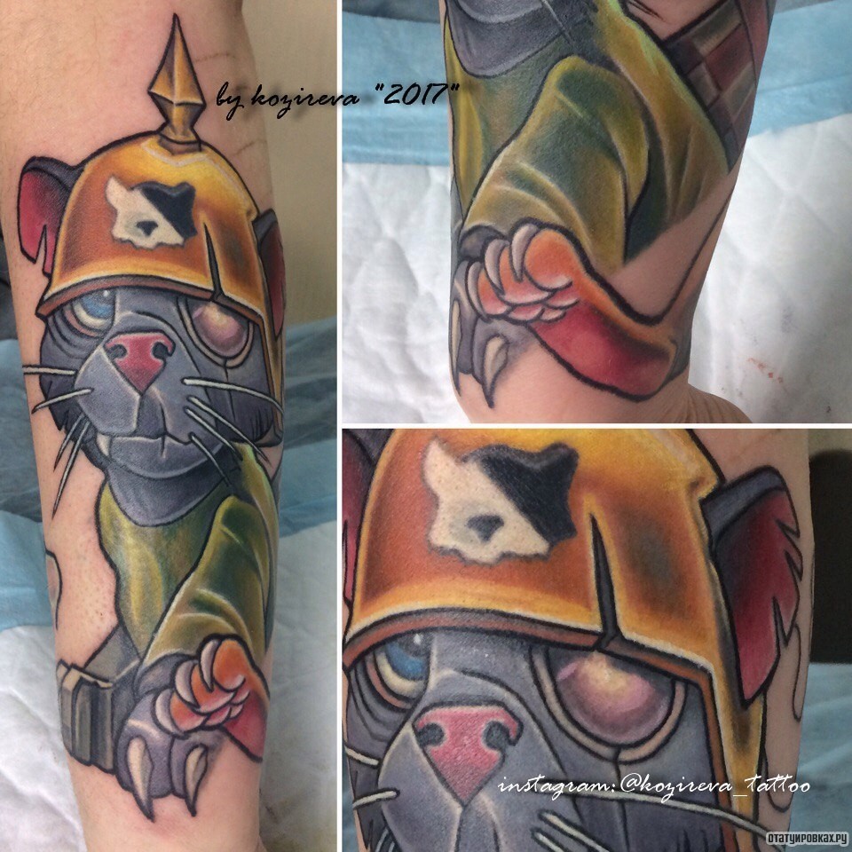 Фотография татуировки под названием «Кот в шлеме»