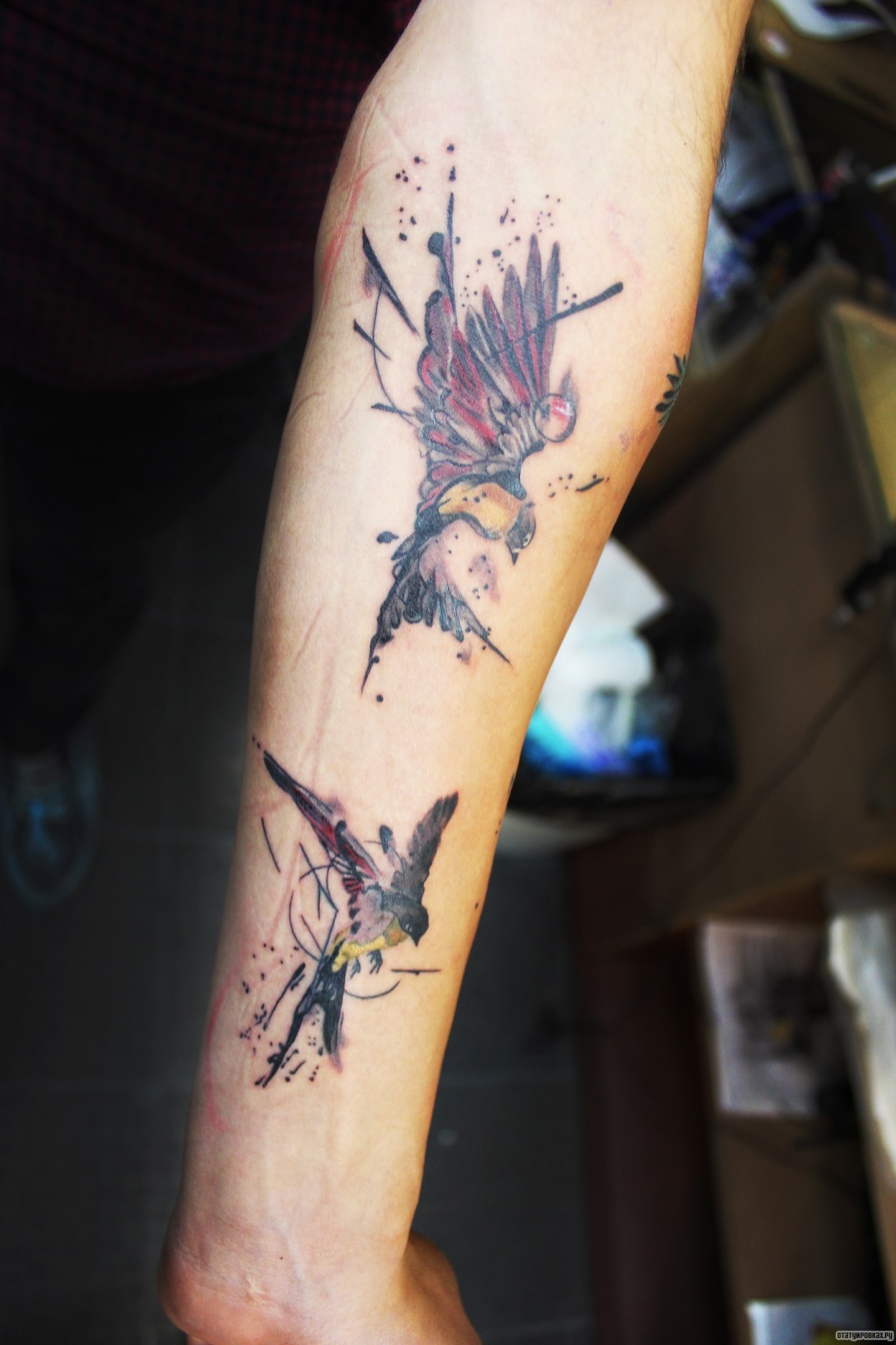 Фотография татуировки под названием «Две колибри в стиле абстракции»