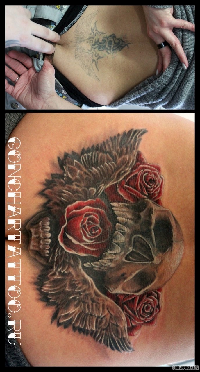 Фотография татуировки под названием «Роза с крыльями в зубах черепа»