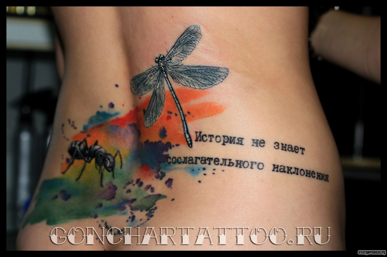 Фотография татуировки под названием «Стрекоза и муравей с надписью»