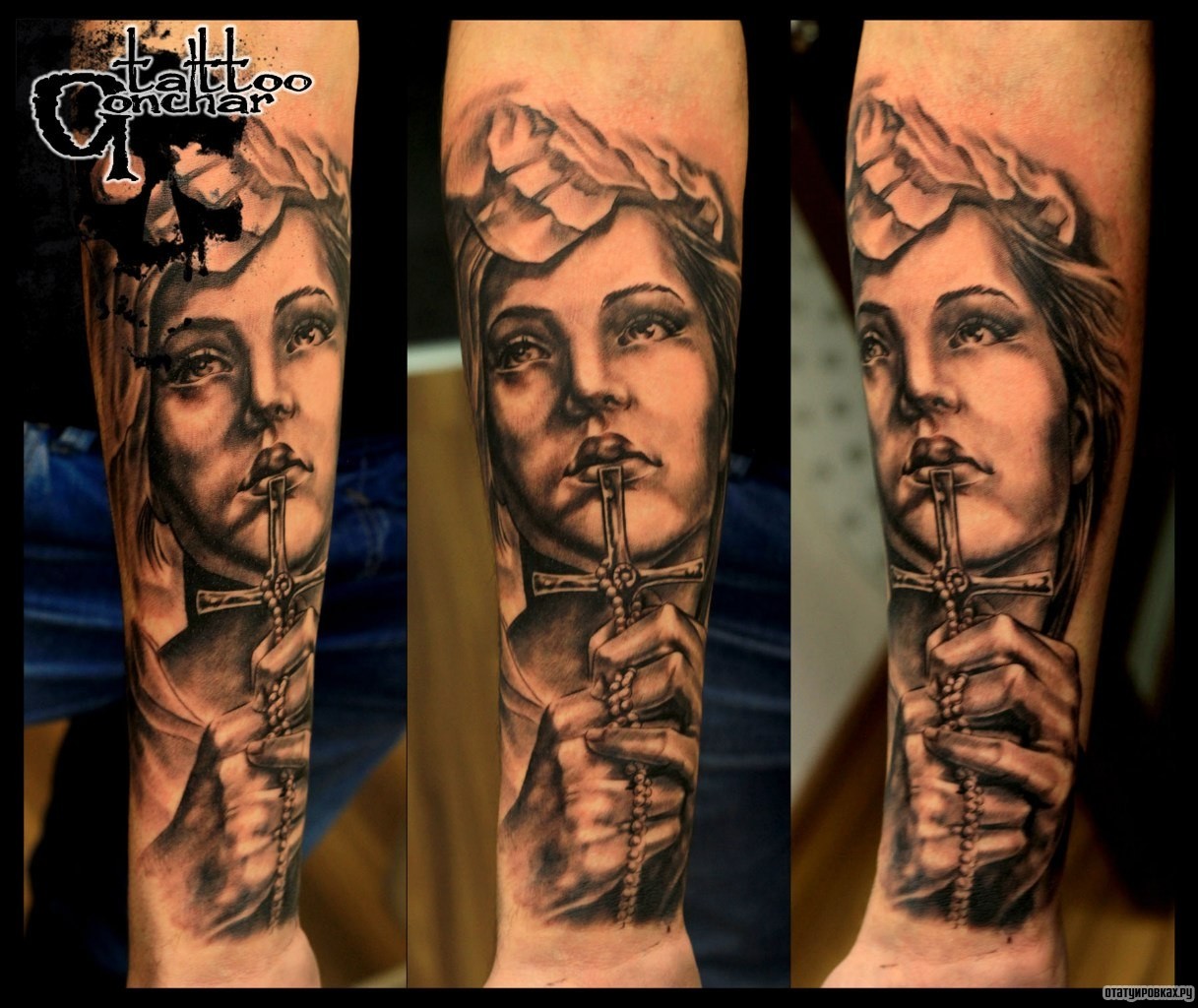 Фотография татуировки под названием «Девушка с крестом в руках»