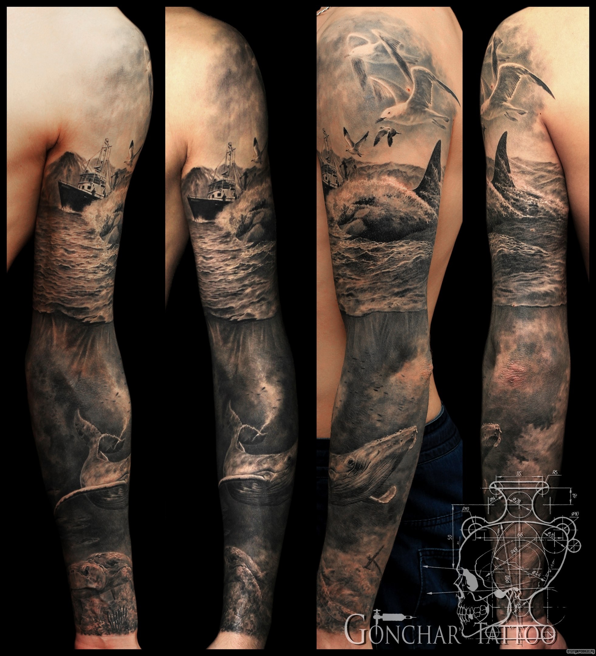 Фотография татуировки под названием «Реализм, рукав на морскую тематику, кит, корабль, чайки»