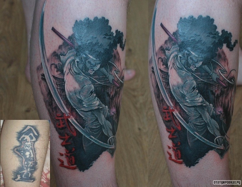 Фотография татуировки под названием «Самурай и иероглифы»