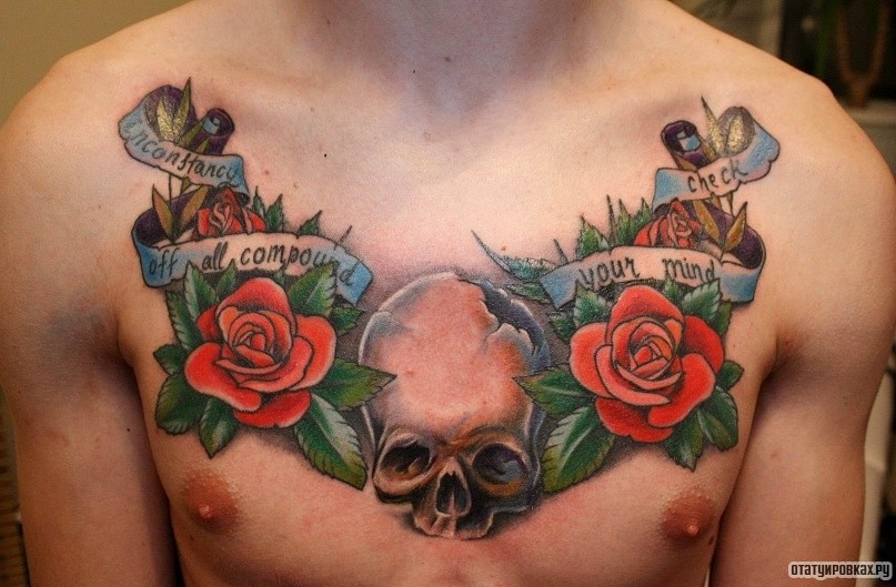 Фотография татуировки под названием «Череп, розы с надписью»