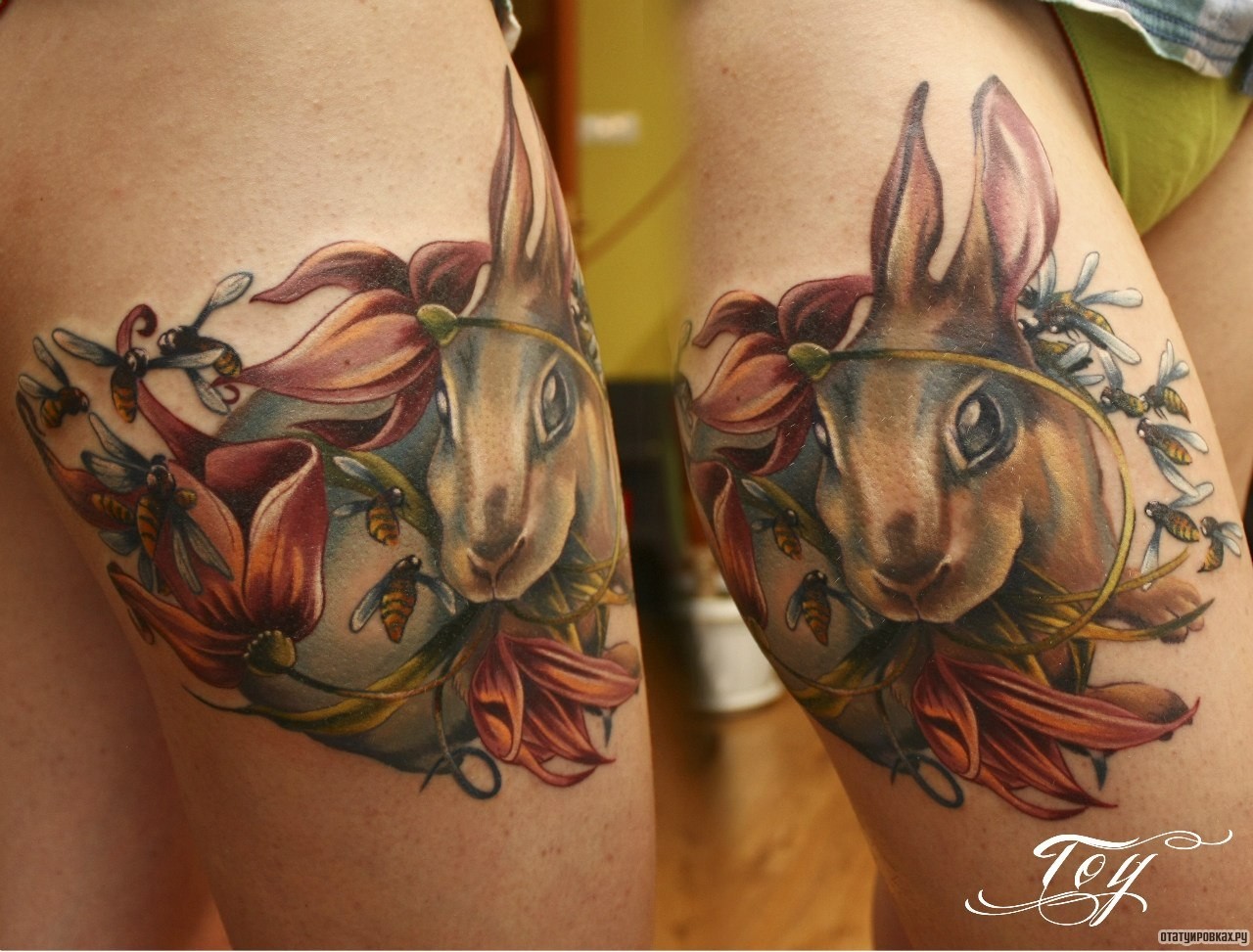 Фотография татуировки под названием «Заяц и пчелы на цветке»