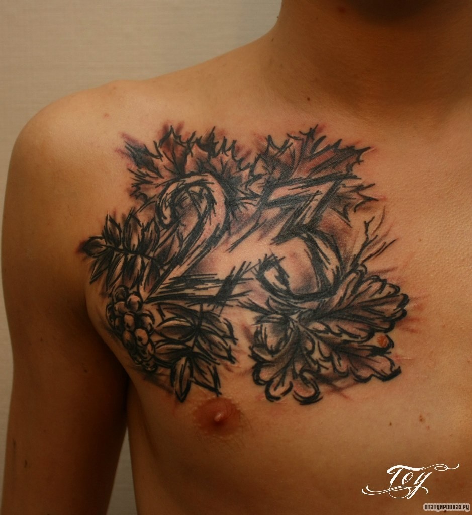 Фотография татуировки под названием «Число 23 в виде листьев»