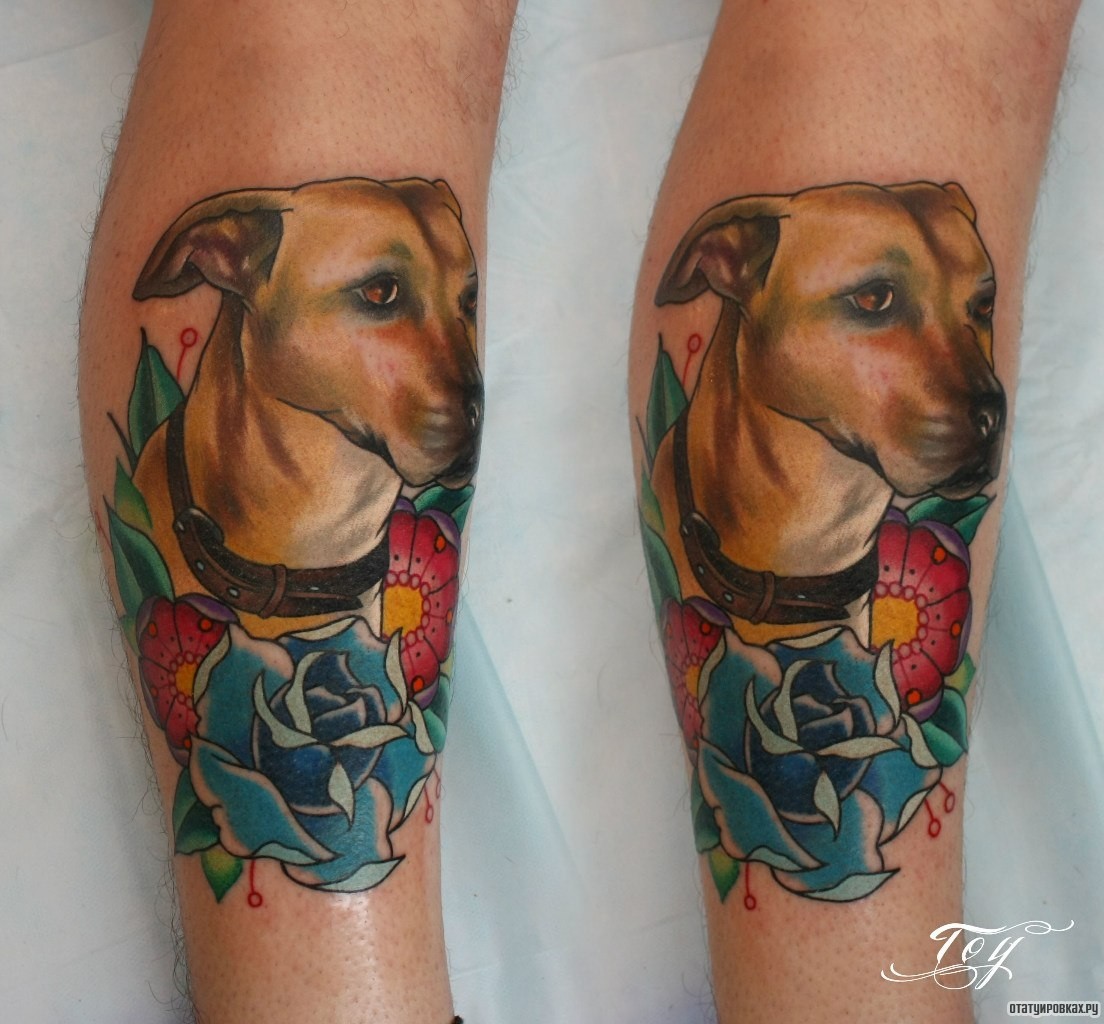 Фотография татуировки под названием «Собака с розой»