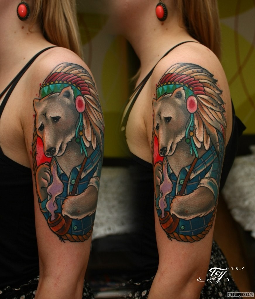 Фотография татуировки под названием «Волк индеец»