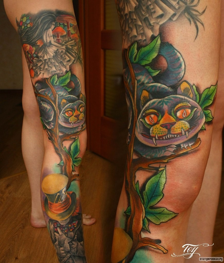 Фотография татуировки под названием «Кот на дереве и девушка»