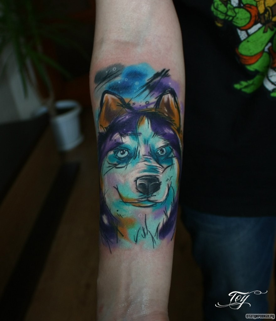 Фотография татуировки под названием «Волк абстракция и акварель»
