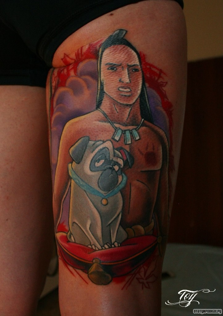 Фотография татуировки под названием «Маугли с собакой»
