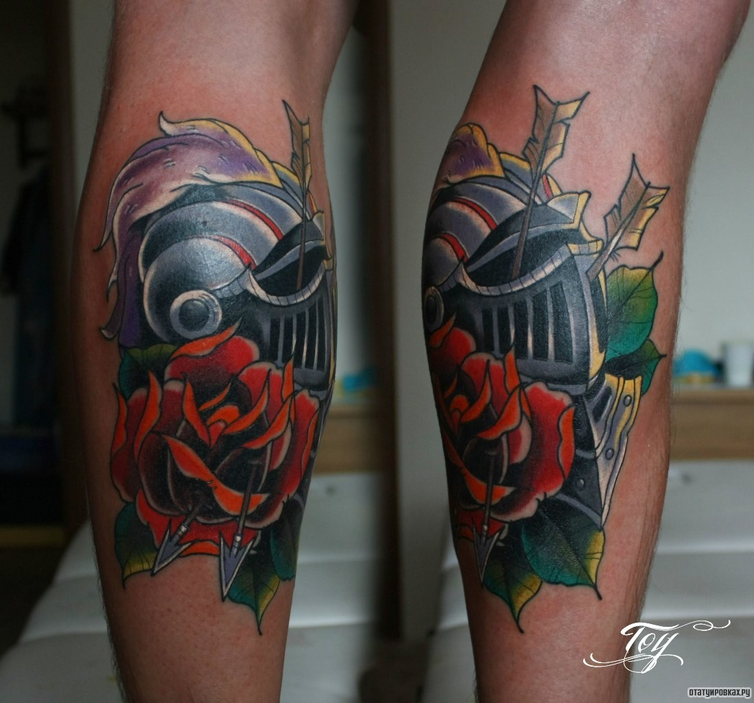 Фотография татуировки под названием «Воин со стрелами в защите и роза»