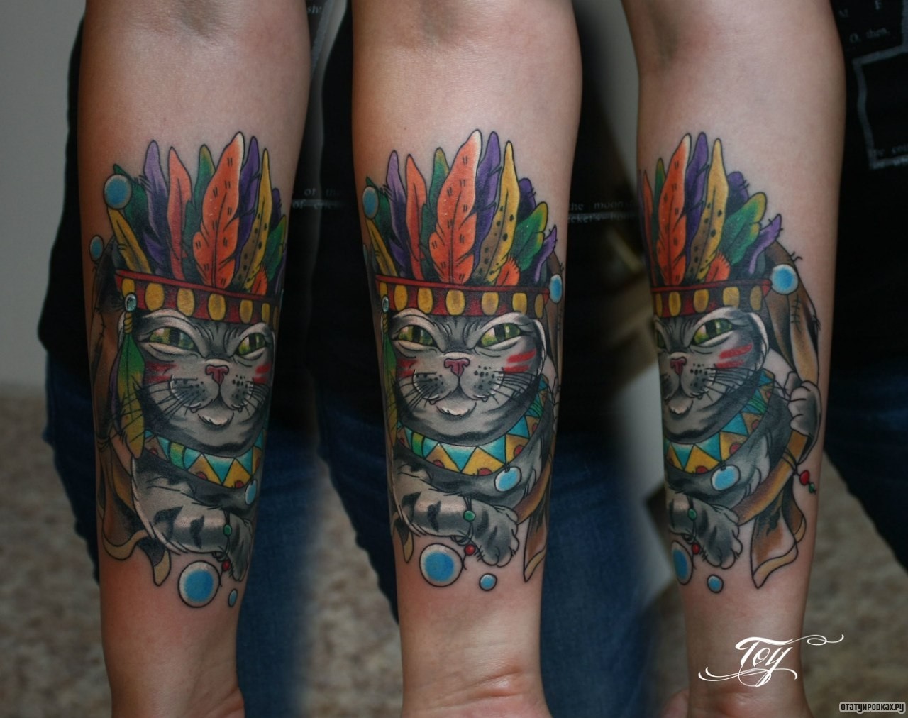 Фотография татуировки под названием «Кот индеец»