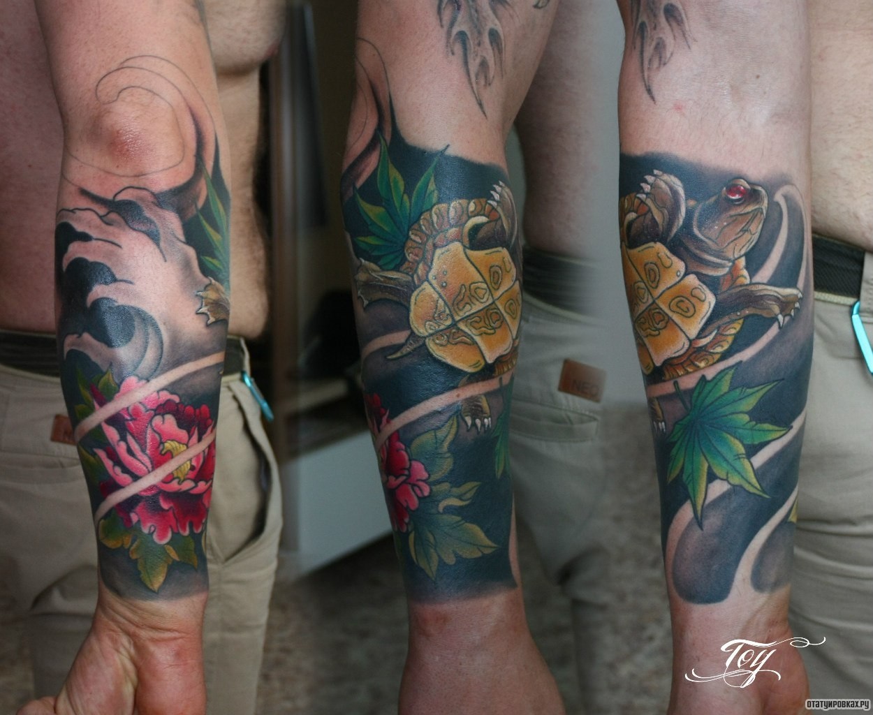 Фотография татуировки под названием «Черепаха в воде с хризантемой»
