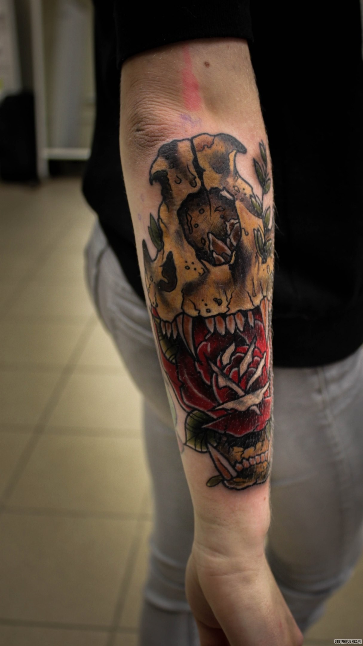 Фотография татуировки под названием «Череп с розой в зумах на предплечье»