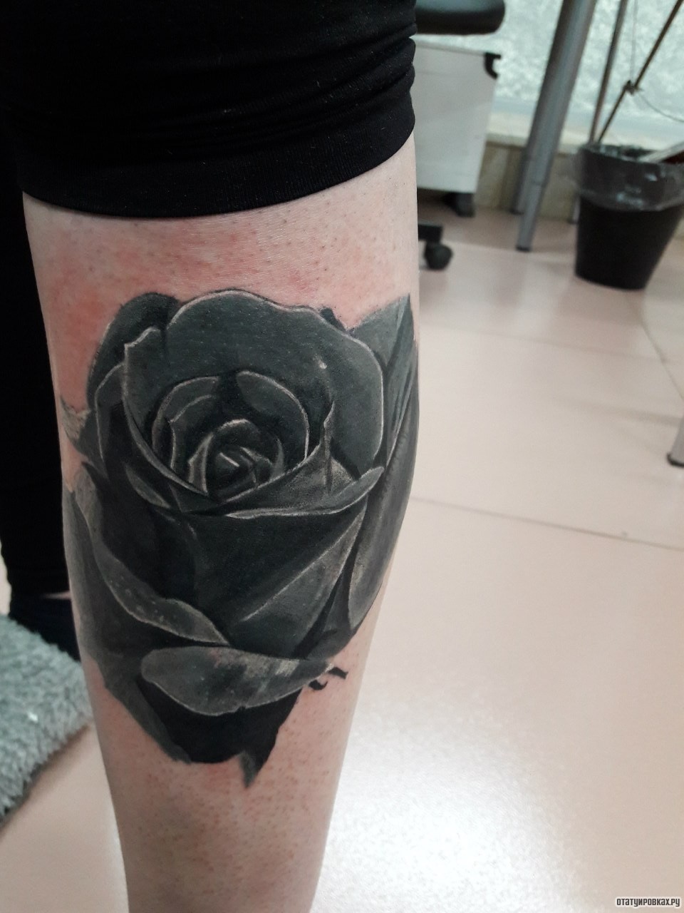 Фотография татуировки под названием «Черная роза на голени»