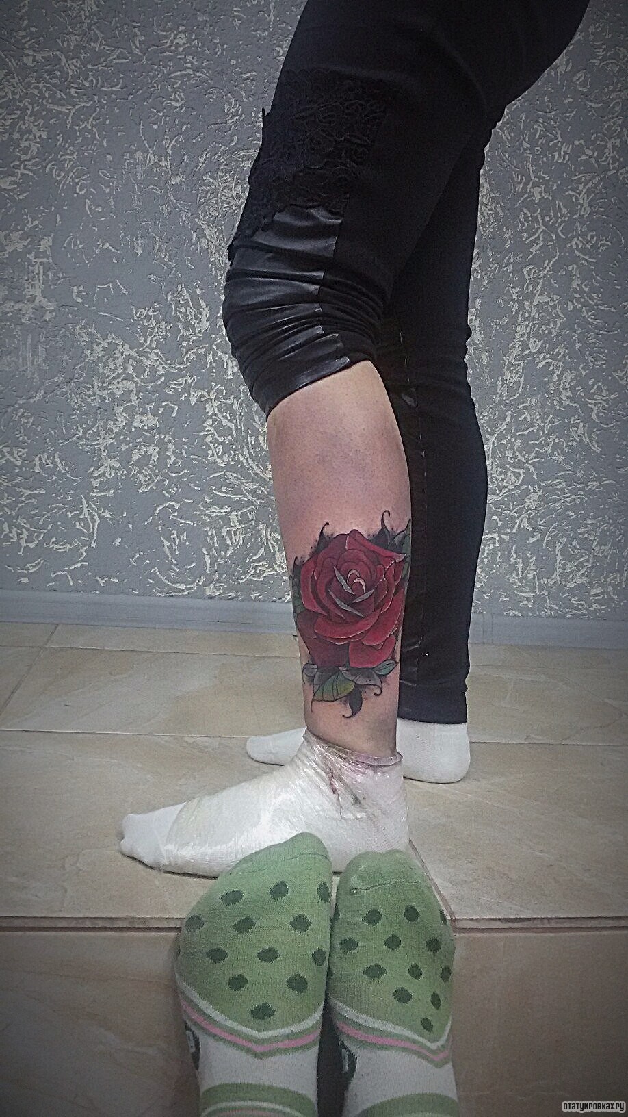 Фотография татуировки под названием «Роза на голени девушки»