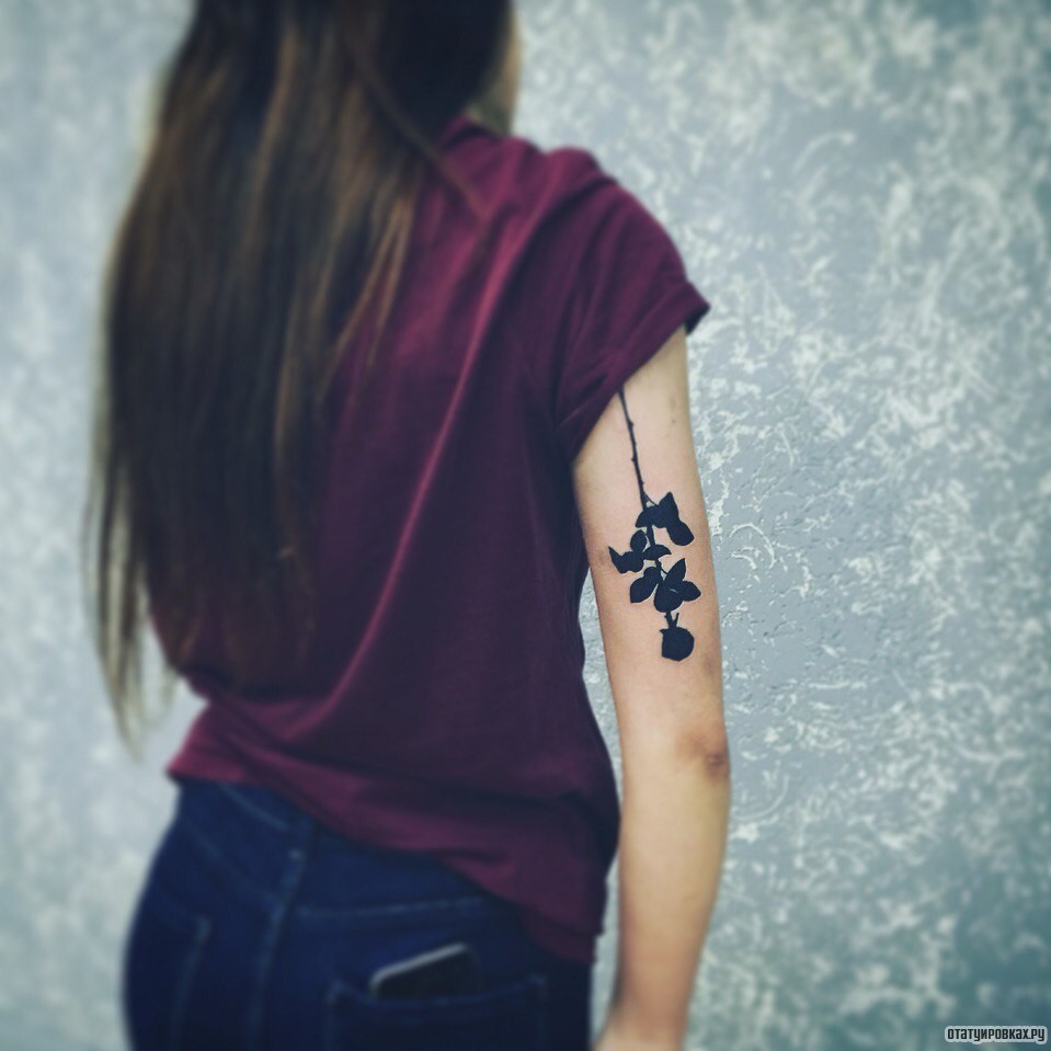 Фотография татуировки под названием «Черная роза на плече девушки»