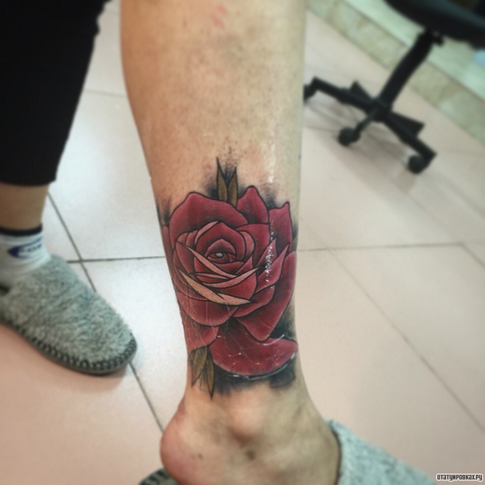 Фотография татуировки под названием «Красная роза на голени»