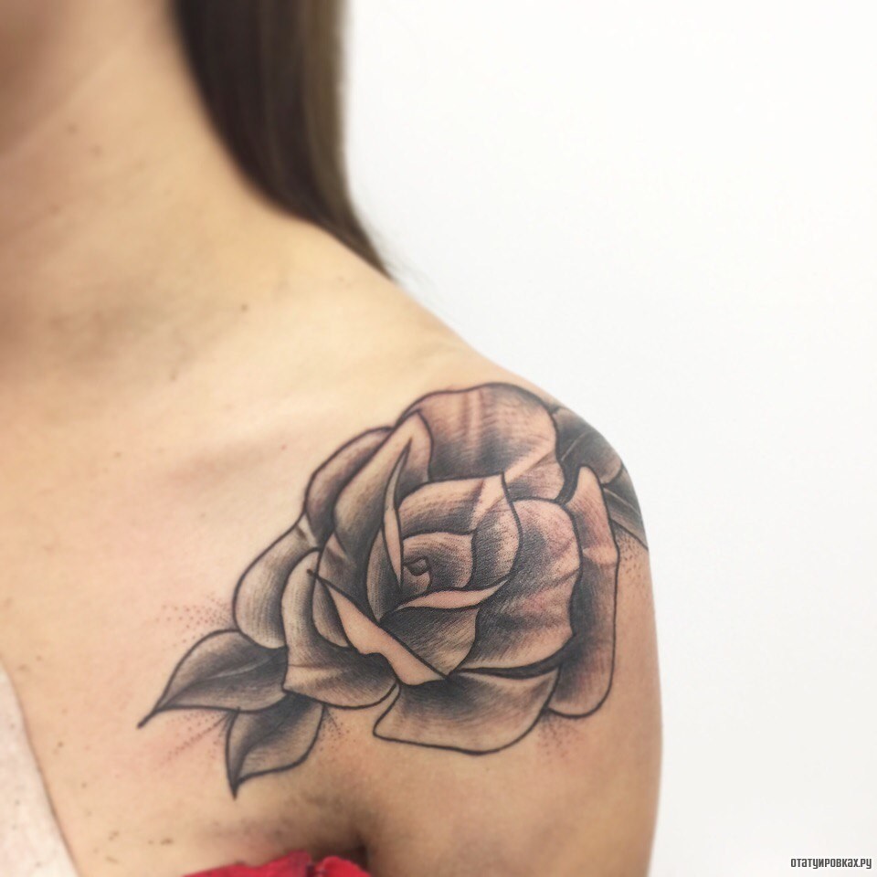 Фотография татуировки под названием «Чб роза на плече девушки»